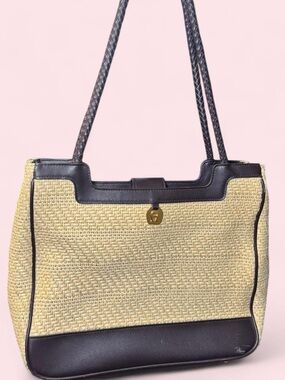 Woven Straw and Dark Brown Leather Tote Bag